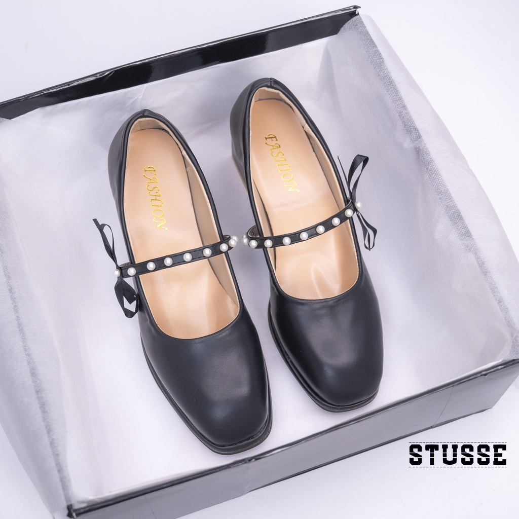 Giày Cao Gót Nữ Mary Jane Mũi Vuông Phối Nơ Ngọc Vintage - GD02