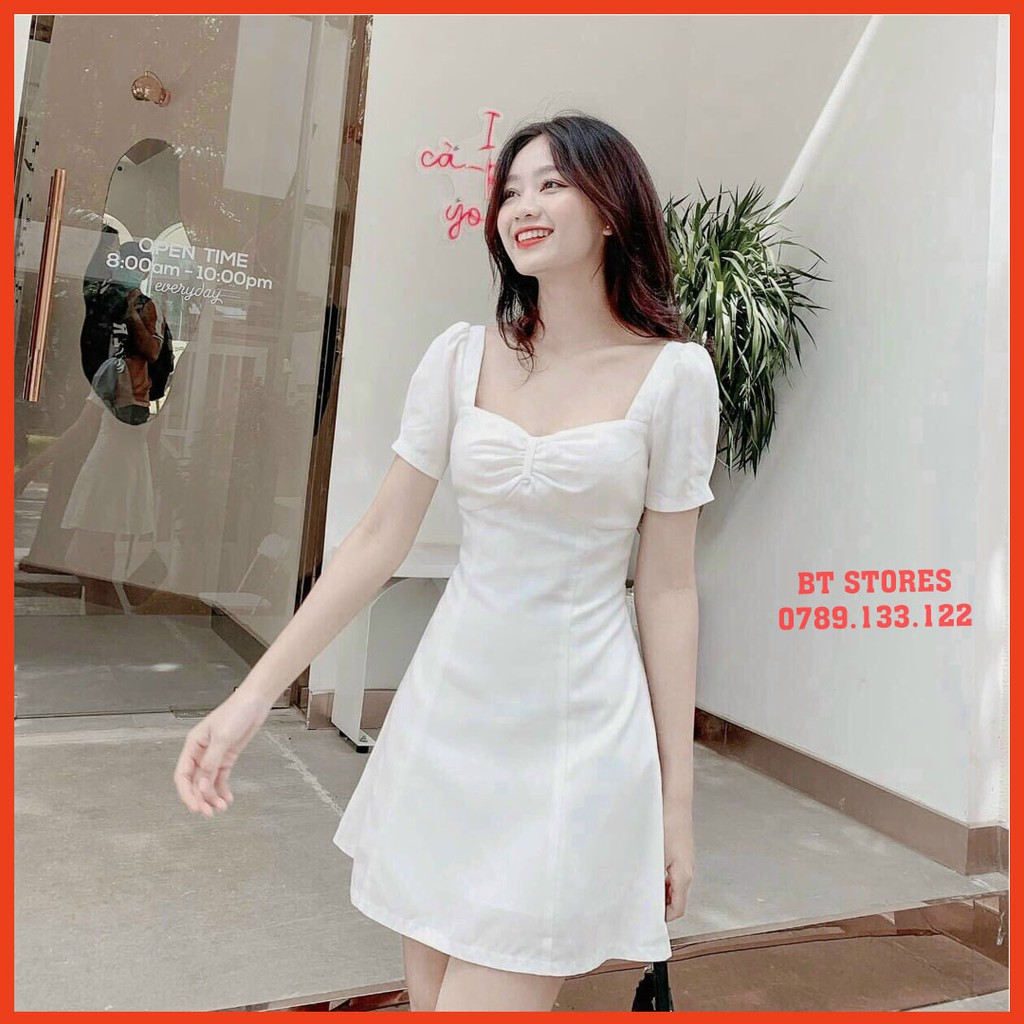 Đầm cổ vuông dáng xòe, ngực phối nơ nhẹ nhàng, có sẵn lót Turan (BT027)