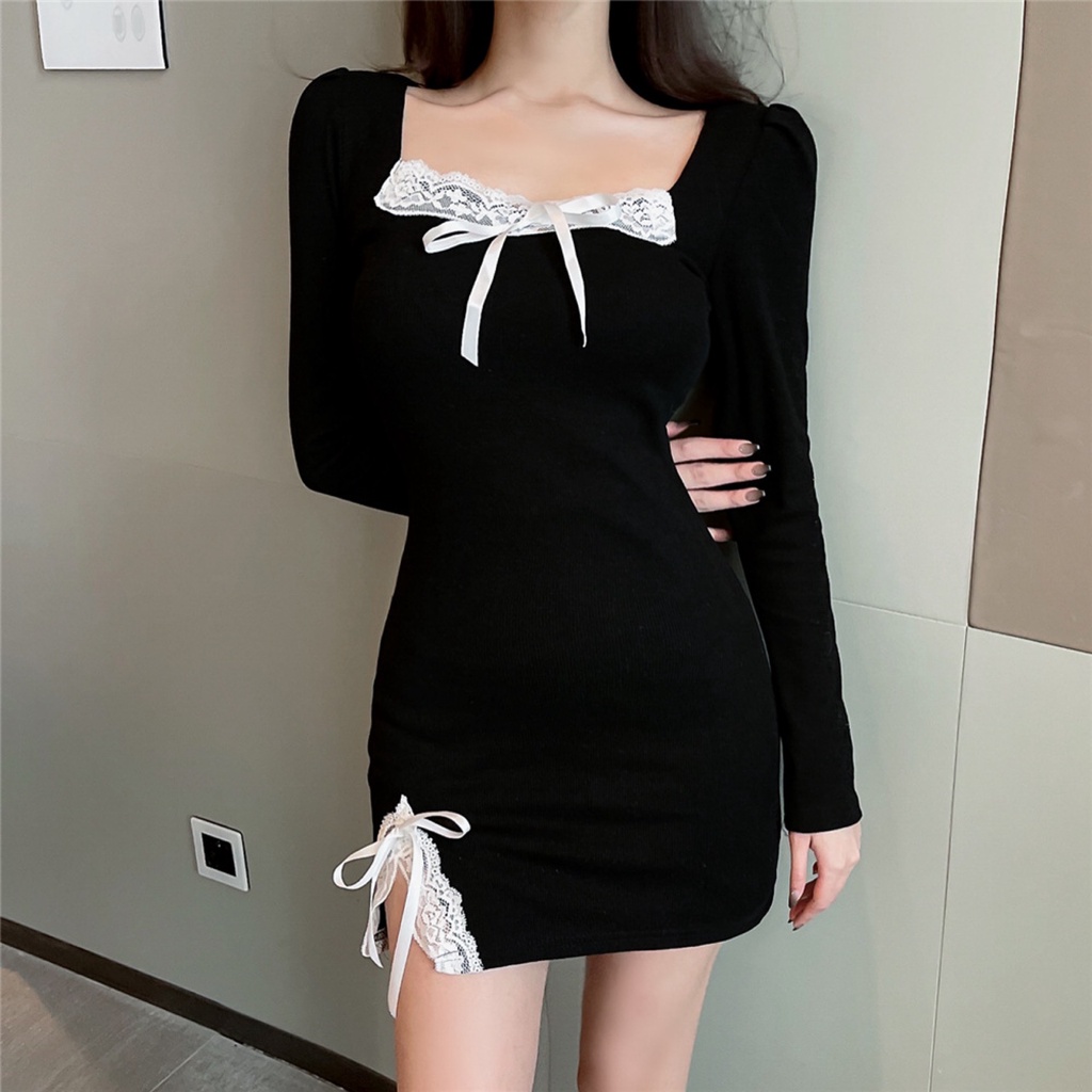 Váy body tay dài đen phối ren nơ trắng