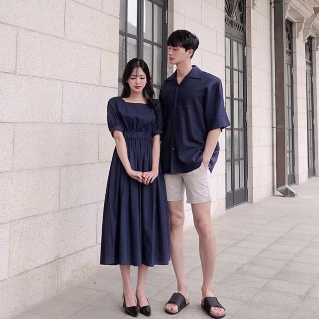Set áo váy đôi tình nhân xanh navi chun eo vải mềm mịn thoáng mát Forever Couple Store (giá gồm áo và váy)