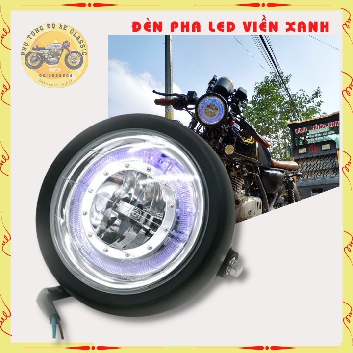 Đèn pha led viền xanh chính hãng Visco dùng độ xe Classic gáo sắt sơn đen mặt kính trong ,đường kính 16cm