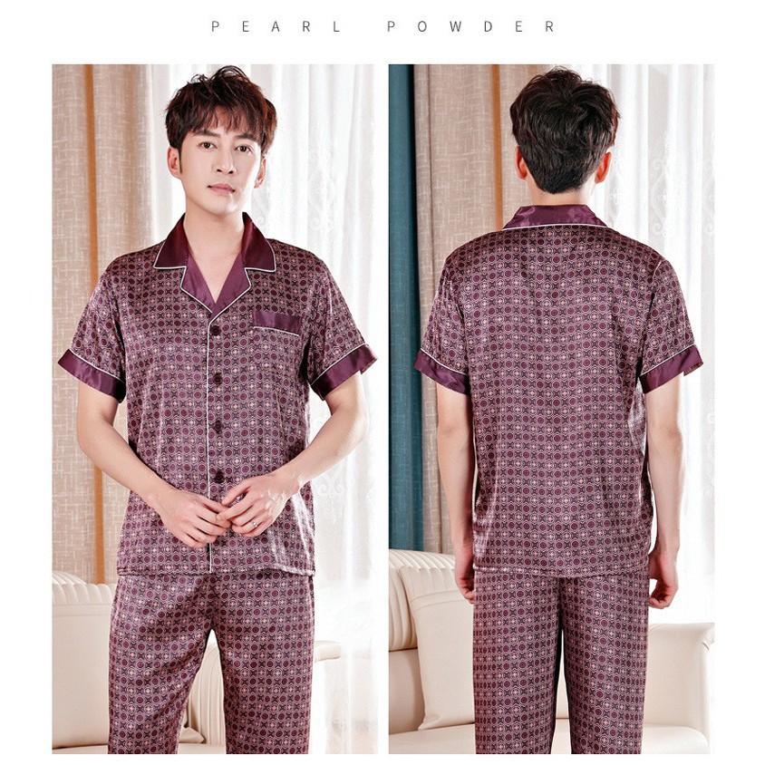 Bộ pyjama nam ngắn tay phối họa tiết nổi bật vải lụa mềm mại, thoáng mát NG1908N - Thời Trang Dương