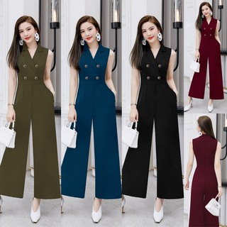 Jumsuit Nữ 💕FREESHIP💕 Jum dài ống suông cổ vest phối 4 nút dây kéo lưng xinh xắn TJ1114