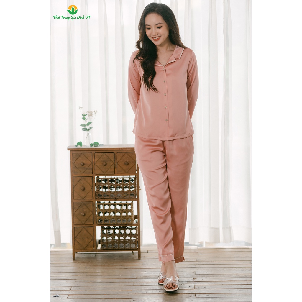 Bộ pijama lụa nữ mặc ở nhà thu đông Việt Thắng quần dài, áo dài tay - B50.2111