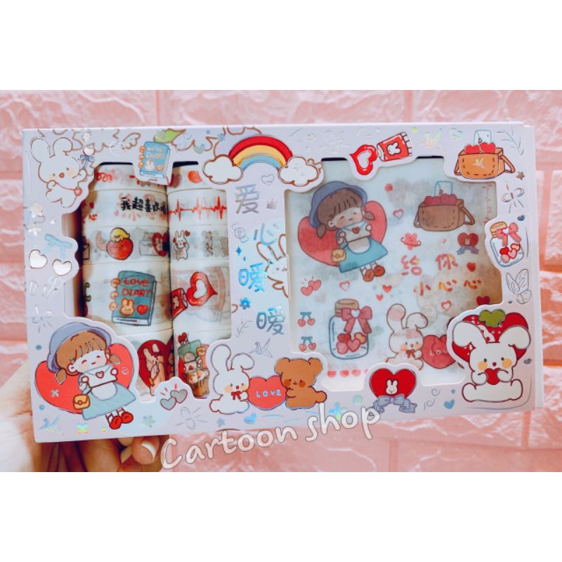 Hộp 10 băng keo washi tape và stickers trang trí