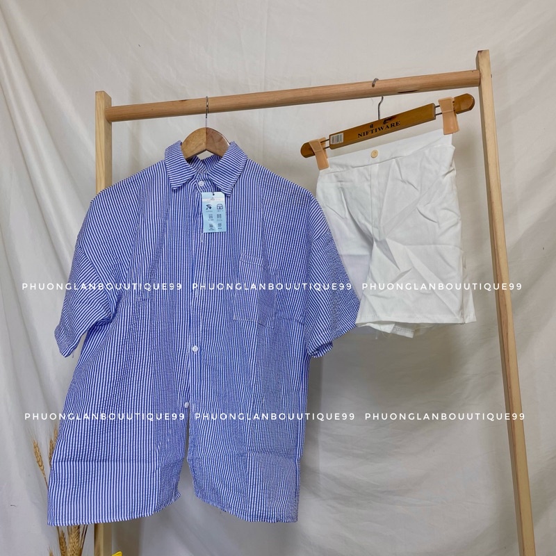 Set quần áo 🌸 Set áo sơ mi kẻ xanh quần sooc kaki trắng tiểu thư bánh bèo Ulzzang PHULA | WebRaoVat - webraovat.net.vn
