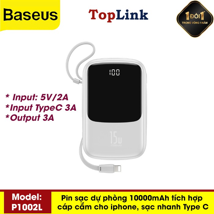 Pin Sạc Dự Phòng BS-P1001L 10000mah Power Bank 3A Công Suất 15W Tích Hợp Cáp Sạc Lightning Cho Iphone, hỗ trợ sạc nhanh