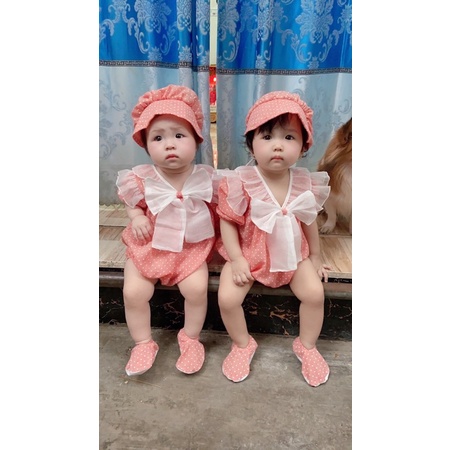 [ẢNH THẬT] Bodychip váy, Bodysuit thiết kế màu hồng cam cho bé gái (tặng kèm mũ và bao chân)