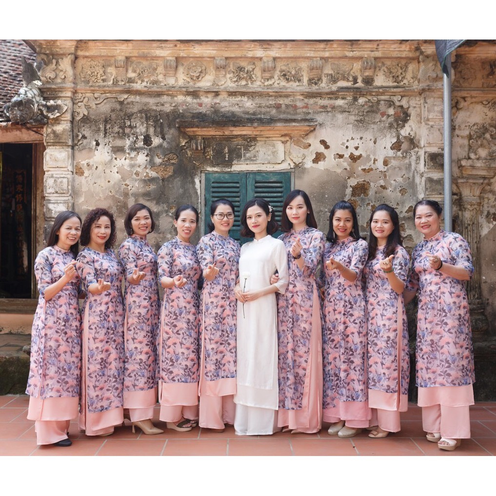 Áo dài hoa nhí hồng tím CHAANG May sẵn vải áo dài 4 tà lệch họa tiết hoa xinh dự tiệc lế tết đẹp