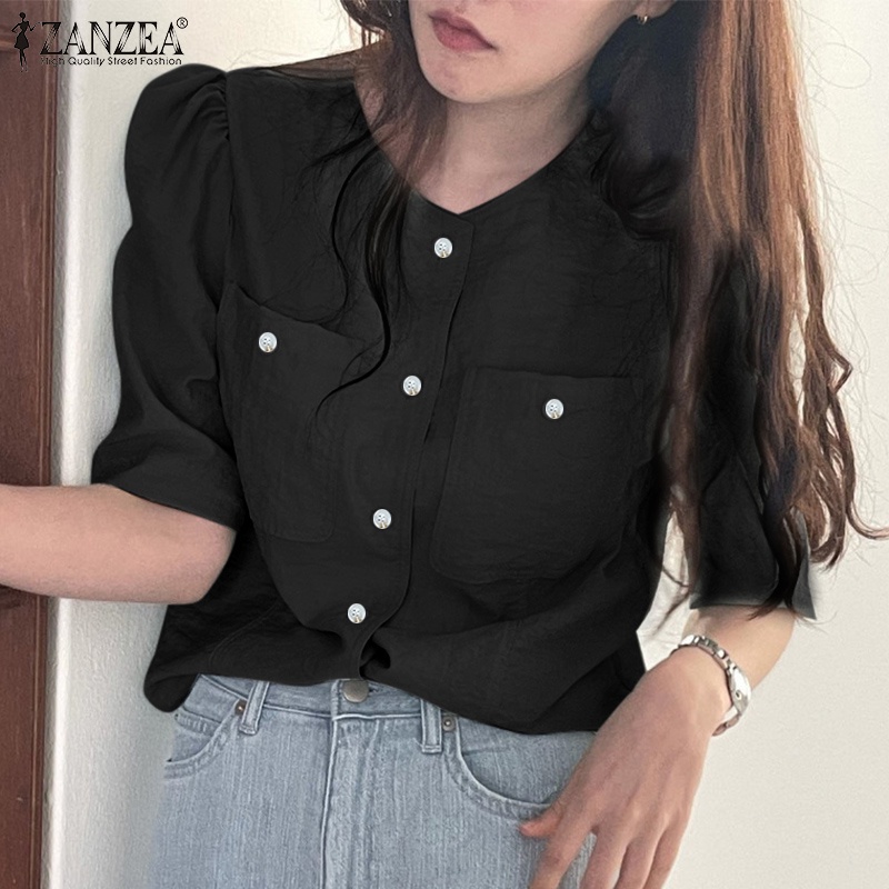 Áo sơ mi kiểu ZANZEA tay phồng ngắn cổ tròn phối nút đơn giản phong cách Hàn Quốc cho nữ