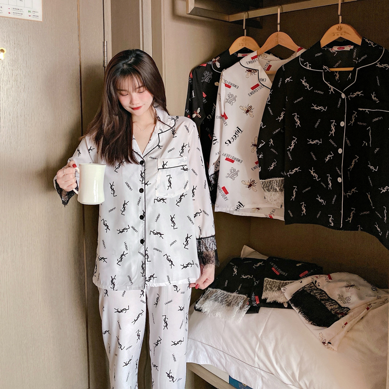  Bộ đồ ngủ gồm áo tay dài cổ bẻ và quần lụa cotton mặc tại nhà | BigBuy360 - bigbuy360.vn