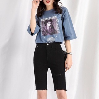 [58-90kg] Quần Lửng Jeans Đen Tuyền 2708 Trơn/ Rách, Lưng Cao Trên Rốn, Co Giãn Mạnh
