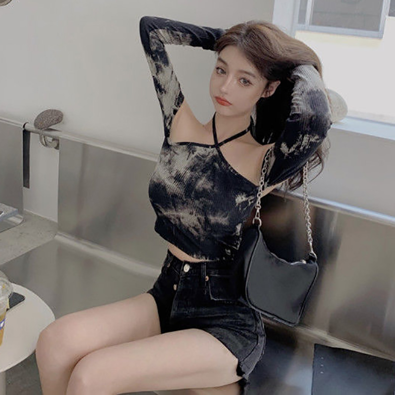 IELGY Áo Thun Croptop Tay Dài Hở Vai Dáng Ôm Màu Nhuộm Đen Thời Trang Cho Nữ