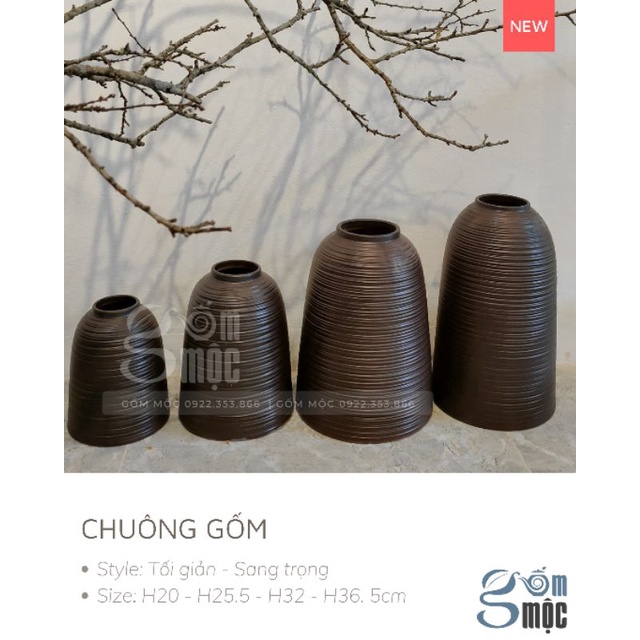 Trọn bộ Lọ hoa chuông gốm Bát Tràng cắm hoa Tết đào, tuyết mai, mận.