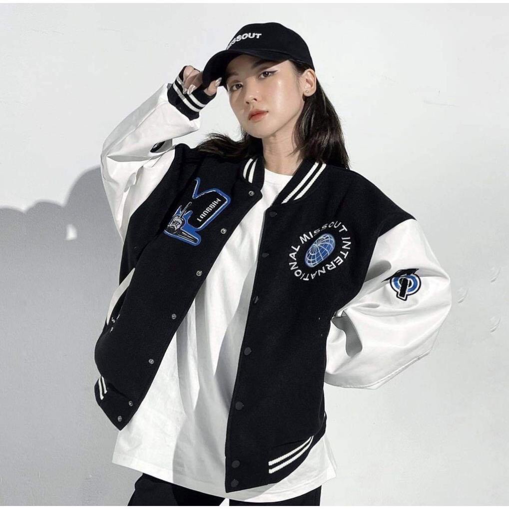 Áo khoác bomber MISSOUT - Áo bomber thân nỉ dày tay da Form Unisex. Cam Kết Hài Lòng!
