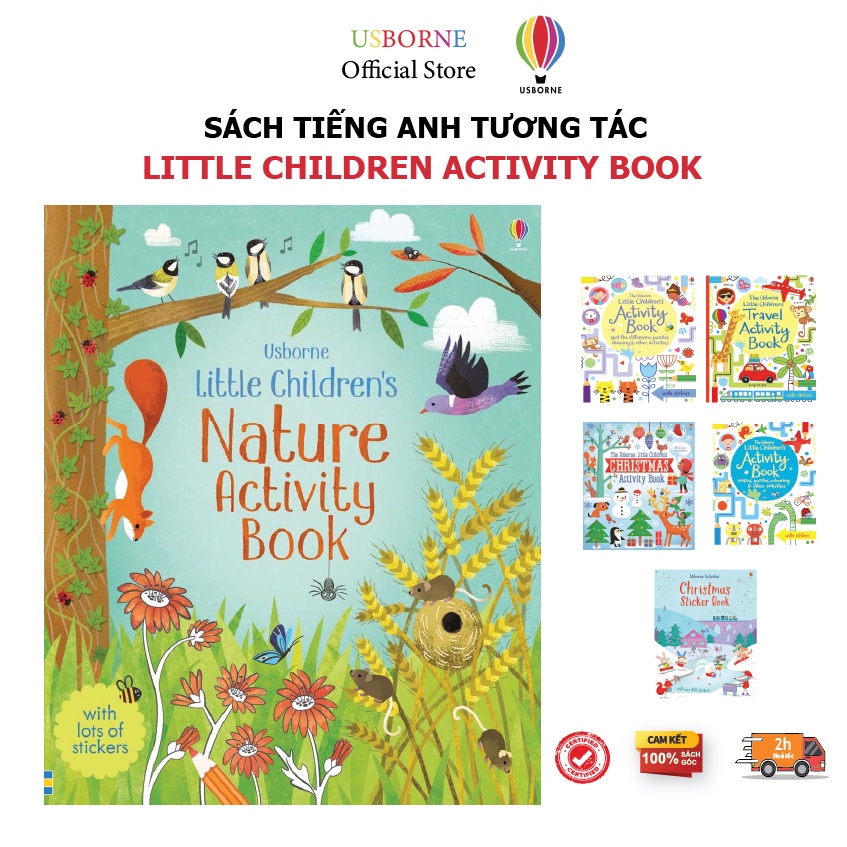 Sách tiếng anh Usborne - Little children's Activity book - tổng hợp kỹ năng hoạt động cho bé tìm kiếm, tô màu, bóc dán,