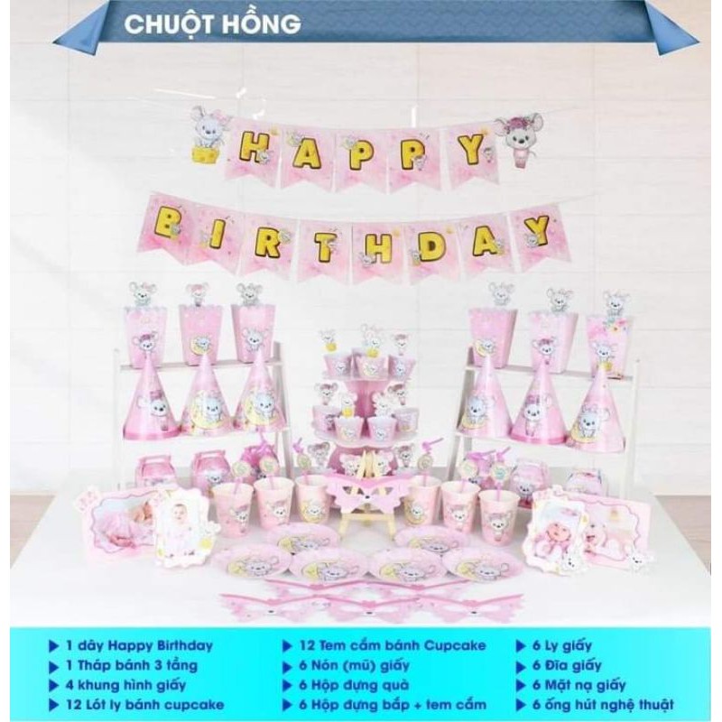 Set mega trang trí sinh nhật bé chuột hồng.