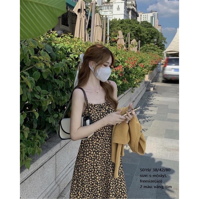 Set váy hoa nhí dáng chữ A + áo khoác len Cardigan siêu hot hit