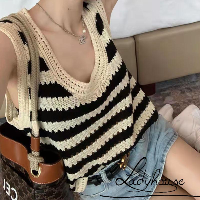 Áo Len Không Tay Họa Tiết Sọc Màu Sắc Tương Phản Thời Trang Cho Nữ