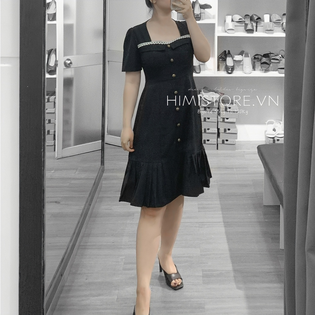 Đầm Bigsize Dáng Chữ A Viền Ren Đính Nút Nền Đen Sang Trọng Thương Hiệu HIMISTORE