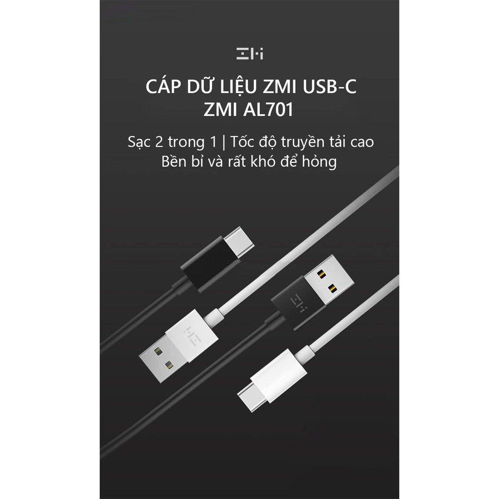 Cáp sạc ZMI USB Type-C AL701 (100cm) 2 màu đen trắng hỗ trợ sạch nhanh - Minh Tín Shop