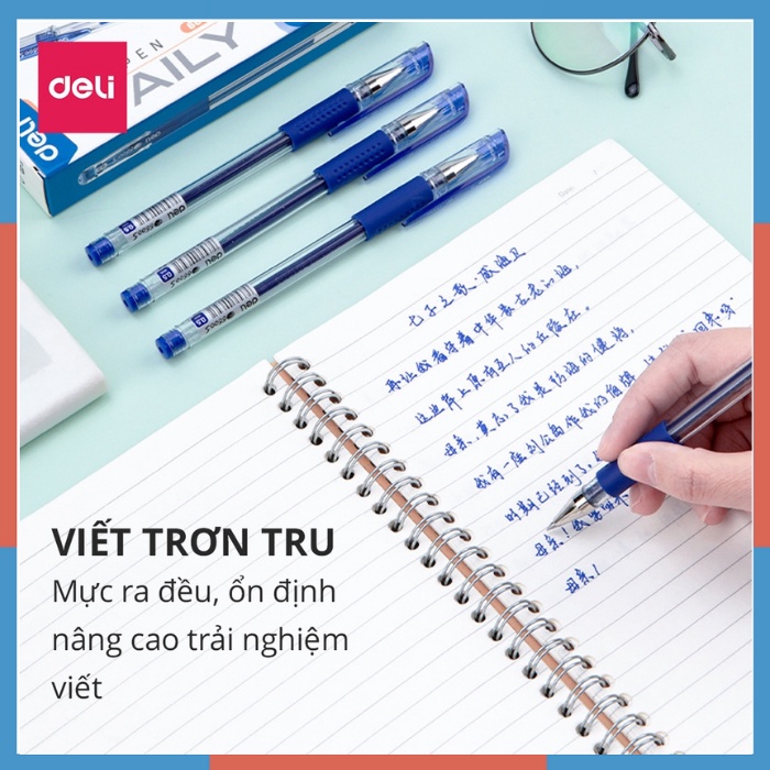 Bút bi nước mực gel 0.5mm có nắp đậy Deli màu xanh đen nhanh khô viết đều trơn tru lâu hết mực 6600