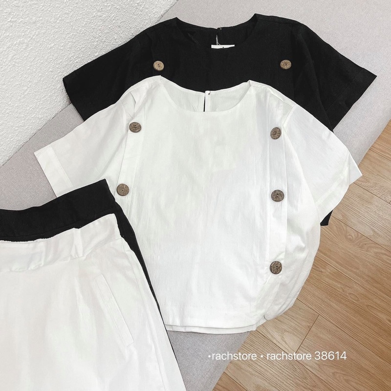Set 0457 áo nút gỗ 2 bên-quần giả váy