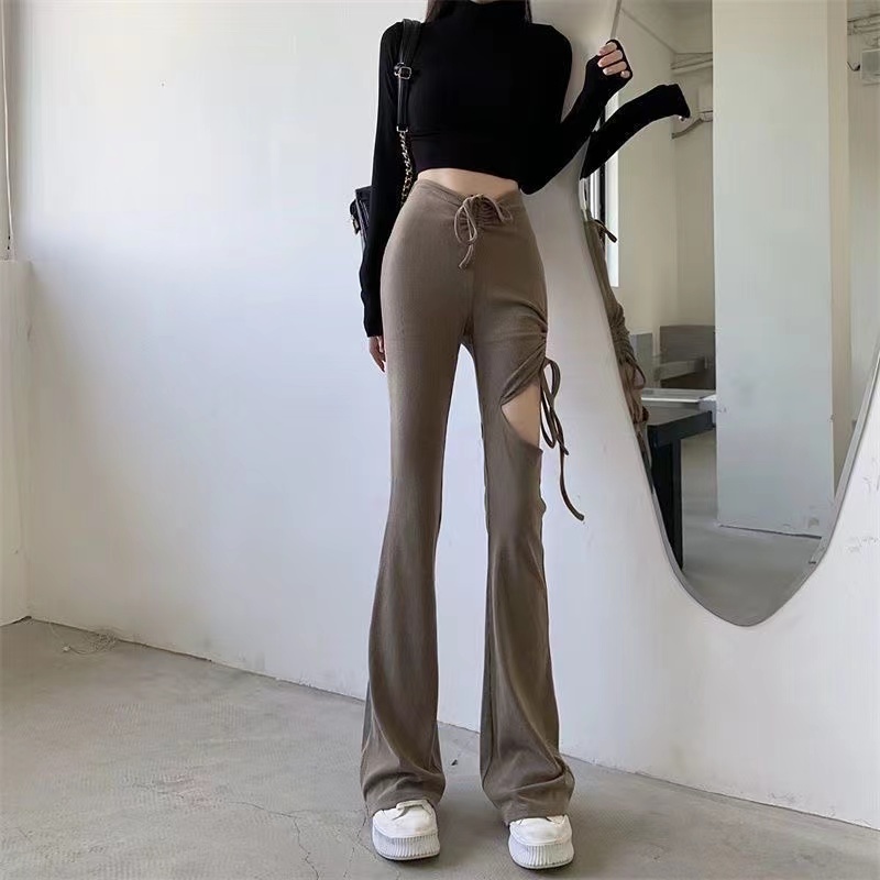 Quần Ống Loe Lưng Cao Siêu Mỏng Màu Trơn Thời Trang Mùa Hè Cho Nữ