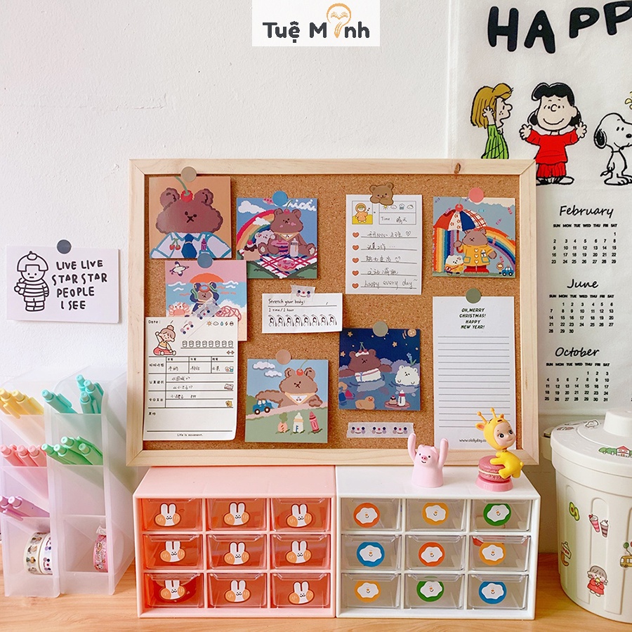 Bảng ghim gỗ bần K18 decor treo ảnh, postcard trang trí - Tặng kèm ghim, sticker, dây gai