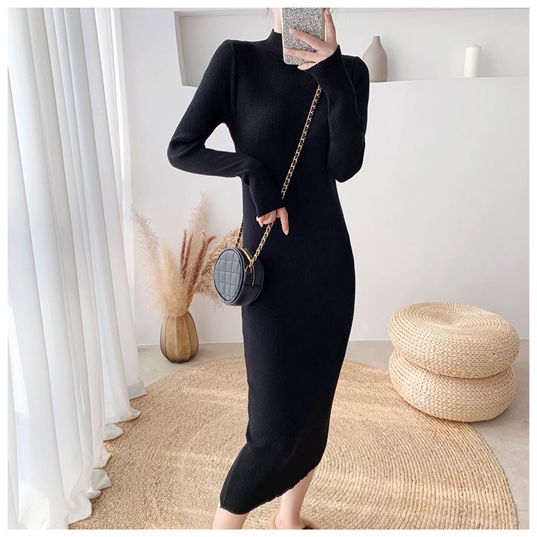 Váy len body, váy len tăm cổ 3 phân silive dáng ôm qua gối, chất len dày dặn