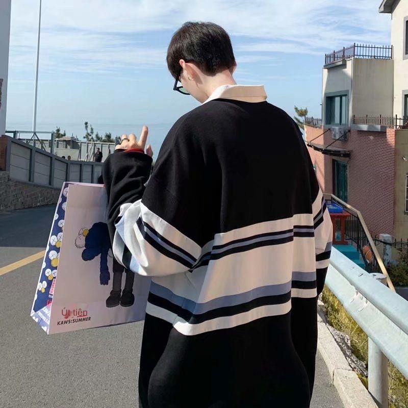 (MỚI) Áo Sweater nam cổ bẻ kẻ sọc trắng đen