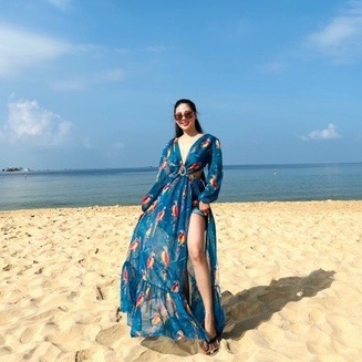 Đầm Maxi Voan Lót Có Mút Họa Tiết Chim Tay Dài Đi Biển Du Lịch Chụp Ảnh Sống Ảo Cực Sang Bin Sports MA022