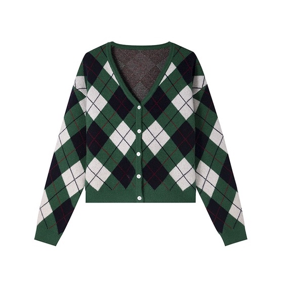 Áo Khoác Len Cardigan Nữ Dệt Kim Dáng Rộng Họa Tiết Trám Tông Xanh Phong Cách Cổ Điển Vintage Hàn Quốc