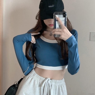 Áo croptop tay dài cổ tròn phong cách hàn quốc