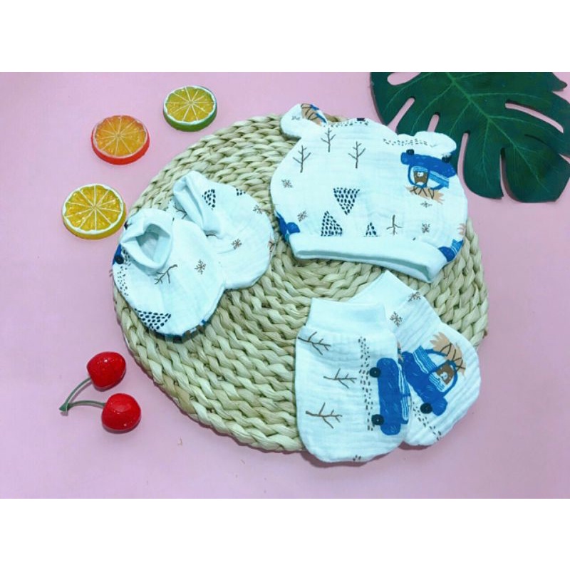 Set mũ bao tay bao chân xô cotton Hàn Quốc