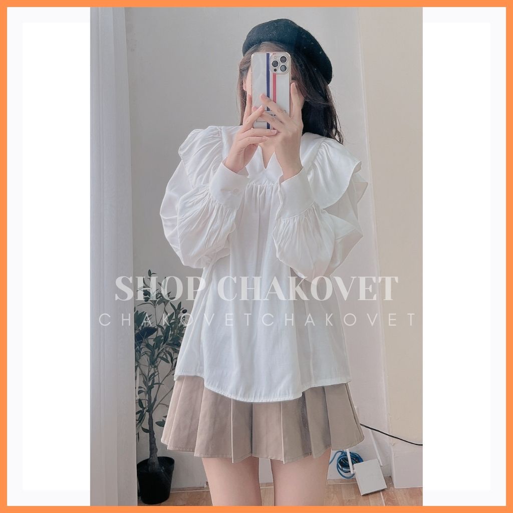 Áo sơ mi nữ tay phông dài tay màu trăng A8201 kiểu cổ V bèo vai cá tính tiểu thư