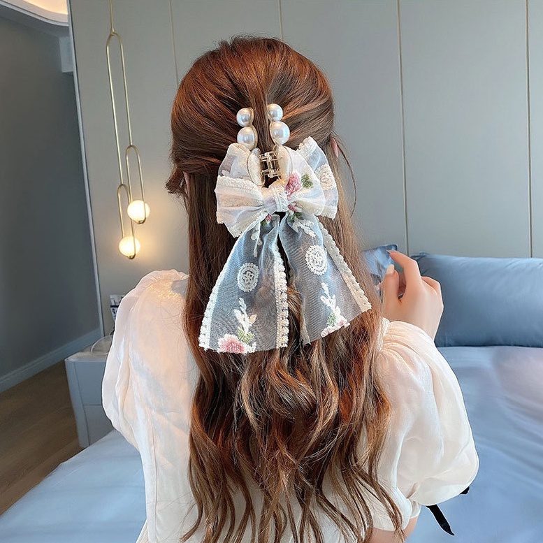 Kẹp Tóc Hình Nơ Đính Ngọc Trai Thời Trang Hàn Quốc Cho Nữ