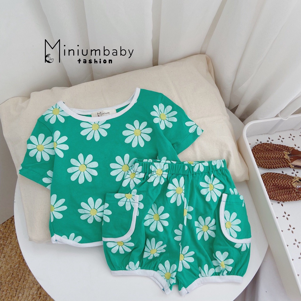 Bộ cotton bé gái hoạ tiết hoa cúc, bộ thun bé gái cotton mềm
