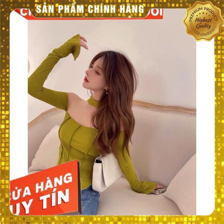 QUẢNG CHÂU ĐẸP ĐỘC LẠ Áo len gân nữ tay dài xẻ cúp ngực cổ dây yếm vạt tà xéo chéo bẹt bệt vai SIÊU HOT