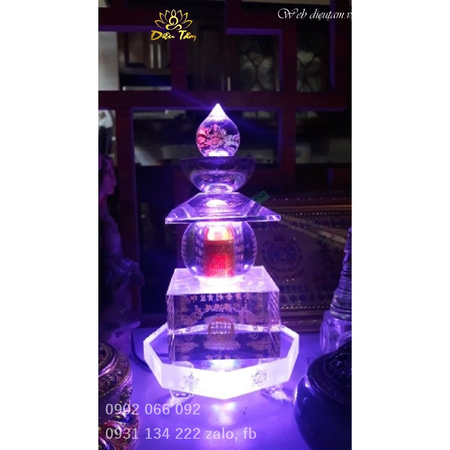 Tháp xá lợi pha lê có đèn led 8 biểu tượng cát tường đổi màu