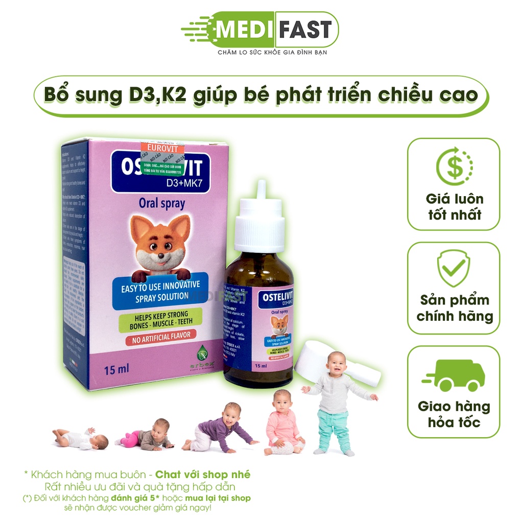 Bổ sung vitamin D3, K2 - Ostelivit D3+MK7 - giúp bé tăng cường hấp thu canxi, xương răng chắc khỏe - Lọ 15 ml từ Ý