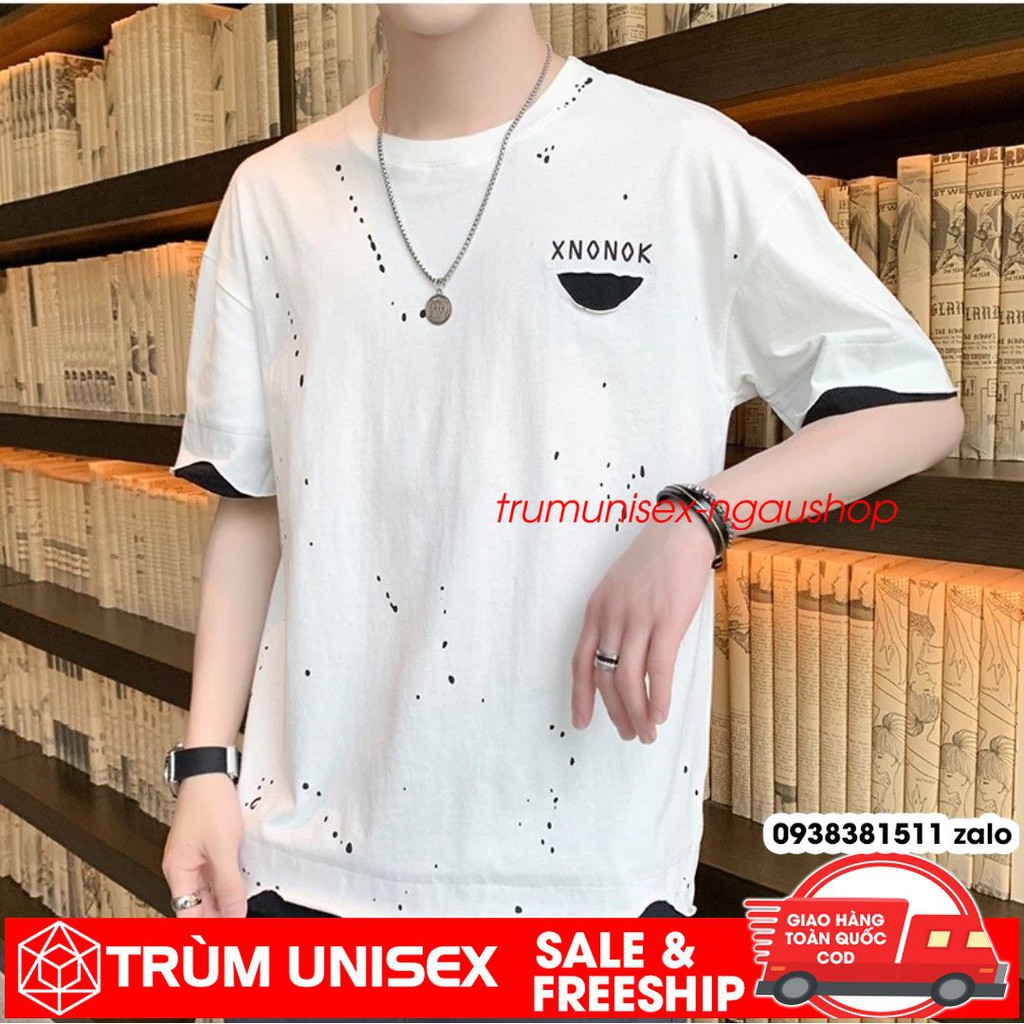 Áo thun unisex áo phông nam rộng XNONOK dạng rách kèm áo thật vải cotton đen trắng Trùm Unisex