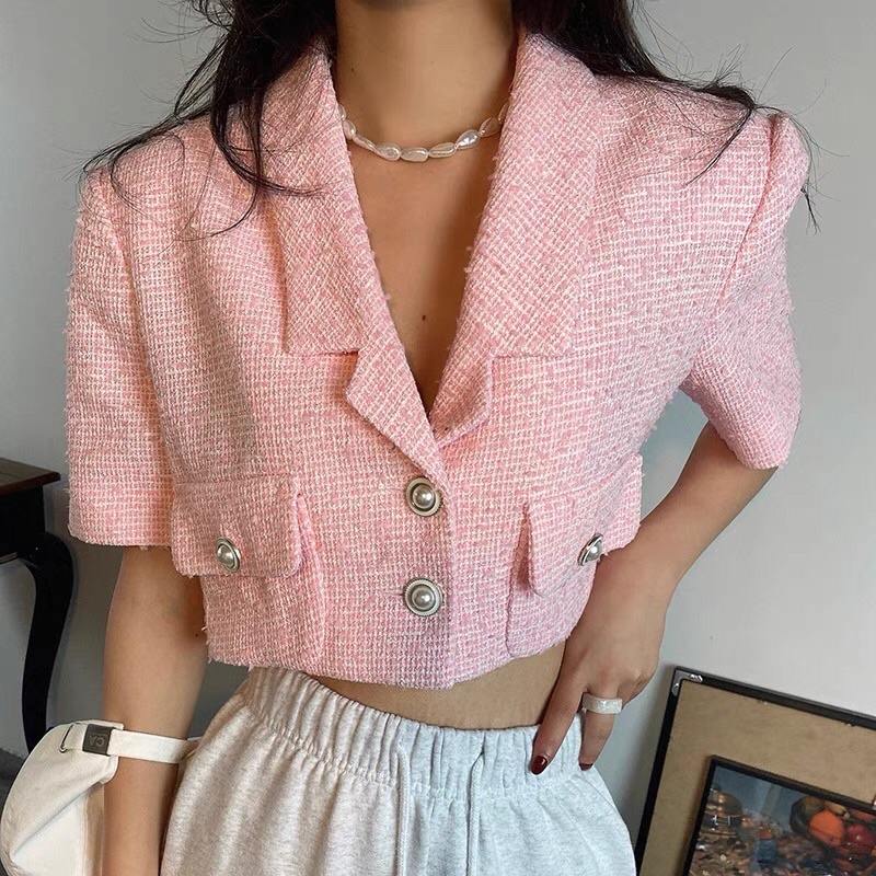 Áo croptop tweed cho nữ dáng ngắn khuy ngọc