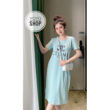 ĐẦM THUN THÁI DÁNG SUÔNG CHO NỮ TAY NGẮN CỔ TRÒN XẺ TÀ IN CHỮ FORM DƯỚI 60KG | BigBuy360 - bigbuy360.vn