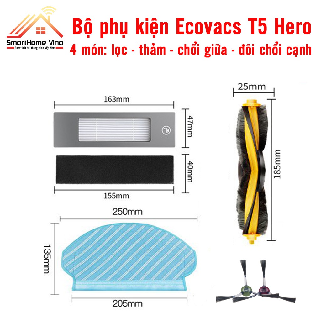 Bộ phụ kiện robot hút bụi Ecovacs Deebot T5 Hero, chính hãng. Chổi cạnh quét, lọc bụi, khăn lau, chối chính, chổi giữa.