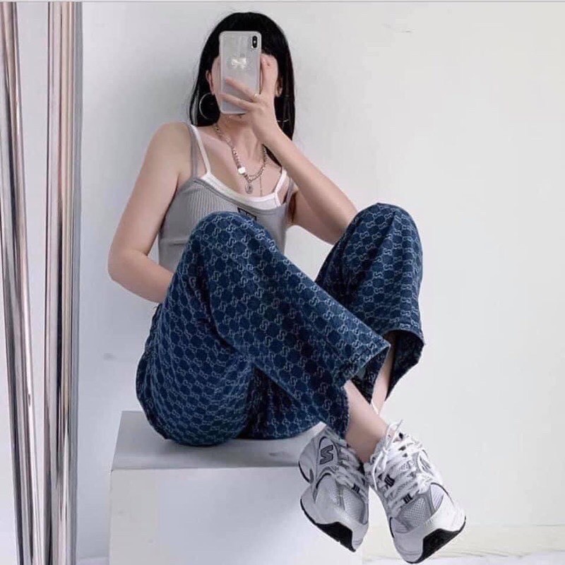 Quần Bò Ồng Rộng [Freeship] Quần Jeans Ống Đứng In Họa Tiết Phong Cách Hàn Quốc