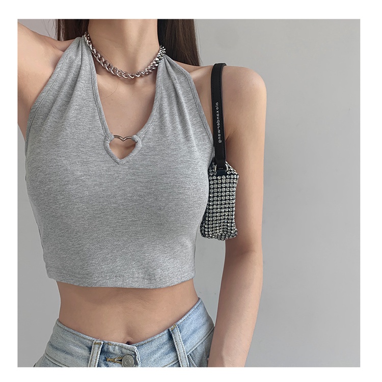 QADCOL  Áo Croptop Không Tay Cắt Xẻ Hình Trái Tim Kim Loại