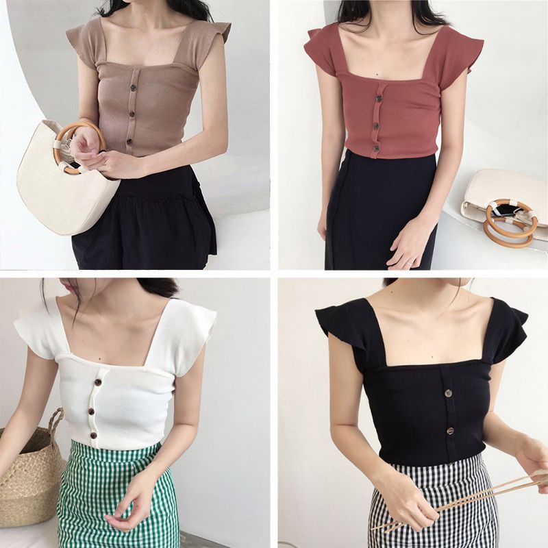 Áo kiểu cổ vuông màu trơn trang trí nút điệu đà cho nữ