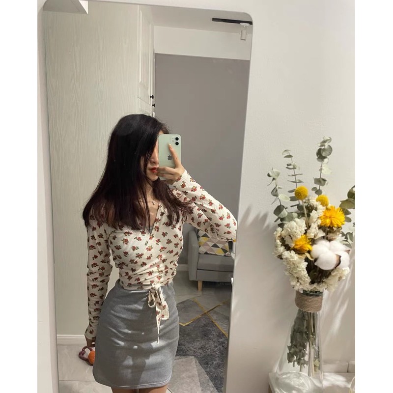 ÁO CROPTOP HOA VINTAGE CHÉO VẠT BUỘC EO. KÈM ẢNH THẬT