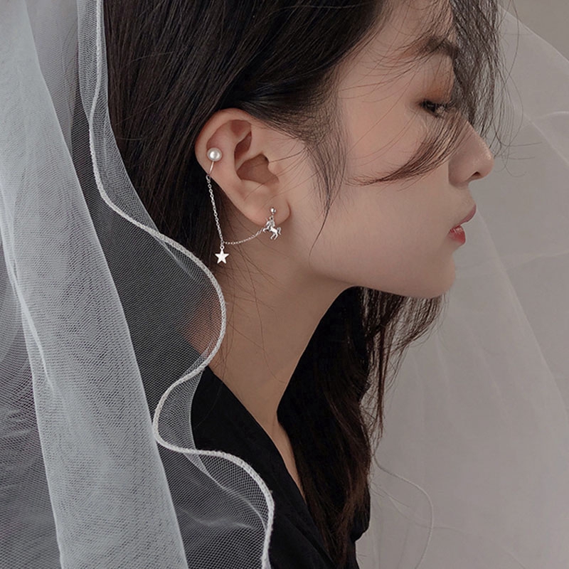 Exquisite earrings Khuyên tai mạ bạc đính ngọc trai hình kỳ lân ngôi sao thời trang cho nữ